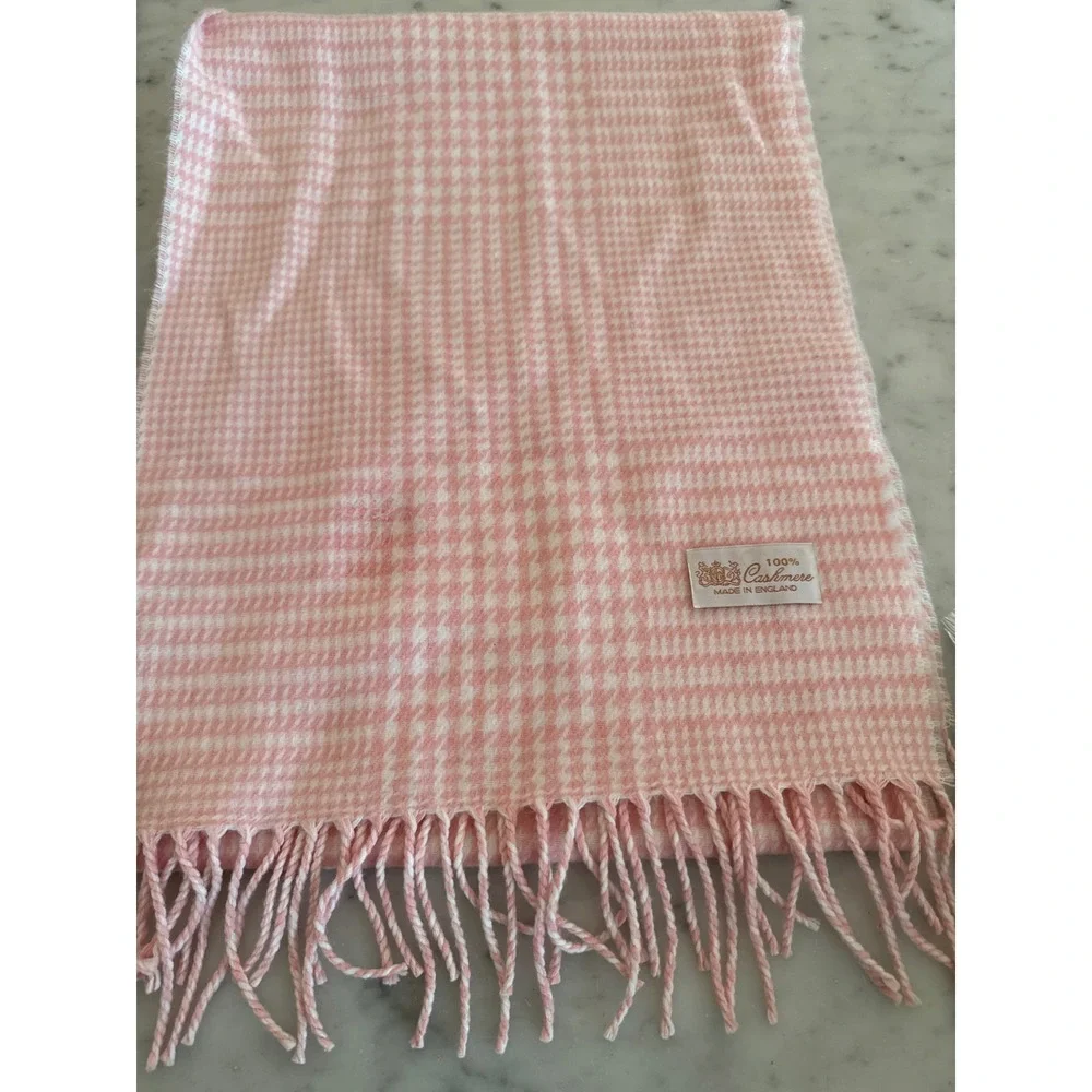100% Cashmere Scarf Made in England‎ Pink Plaid Fringe 12x64